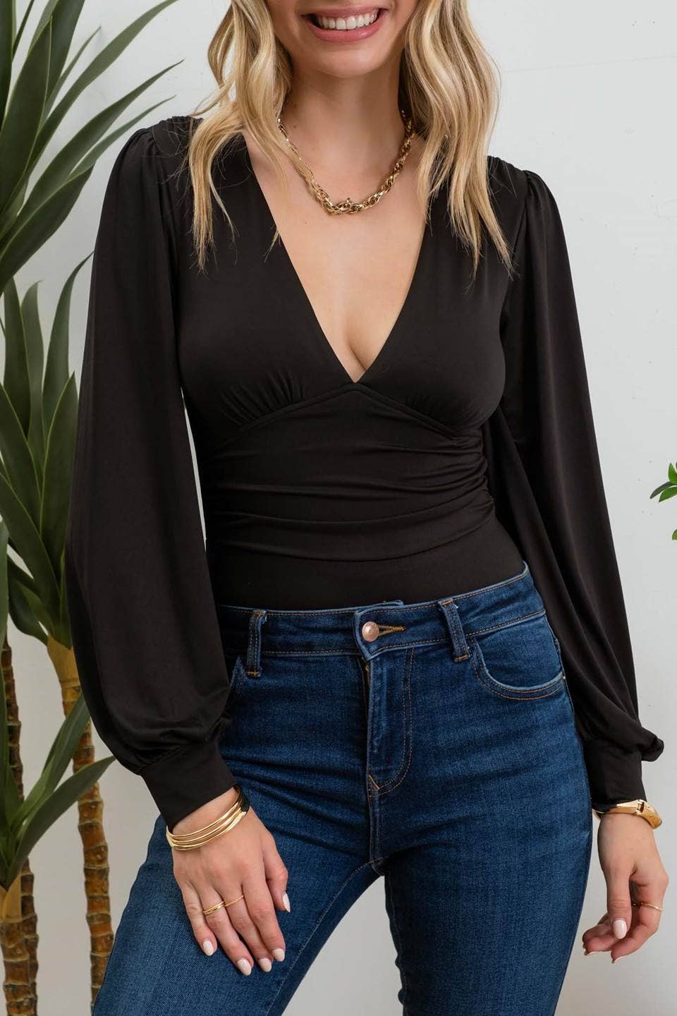 Deep V Neck Long Sleeve Bodysuit Blu Pepper