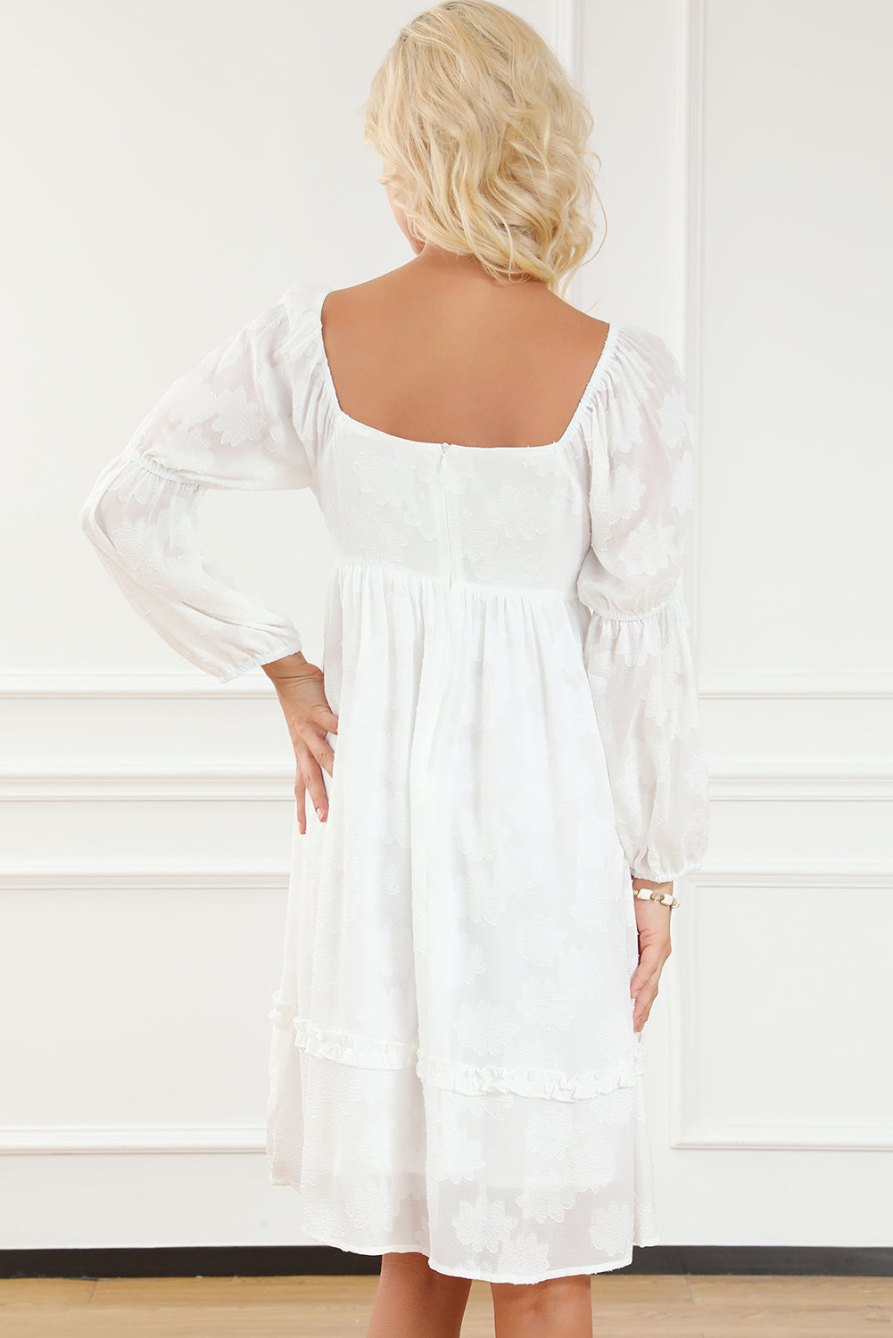 White Jacquard Square Neck Bubble Sleeve Dress Florida Girl Fashion Boutique