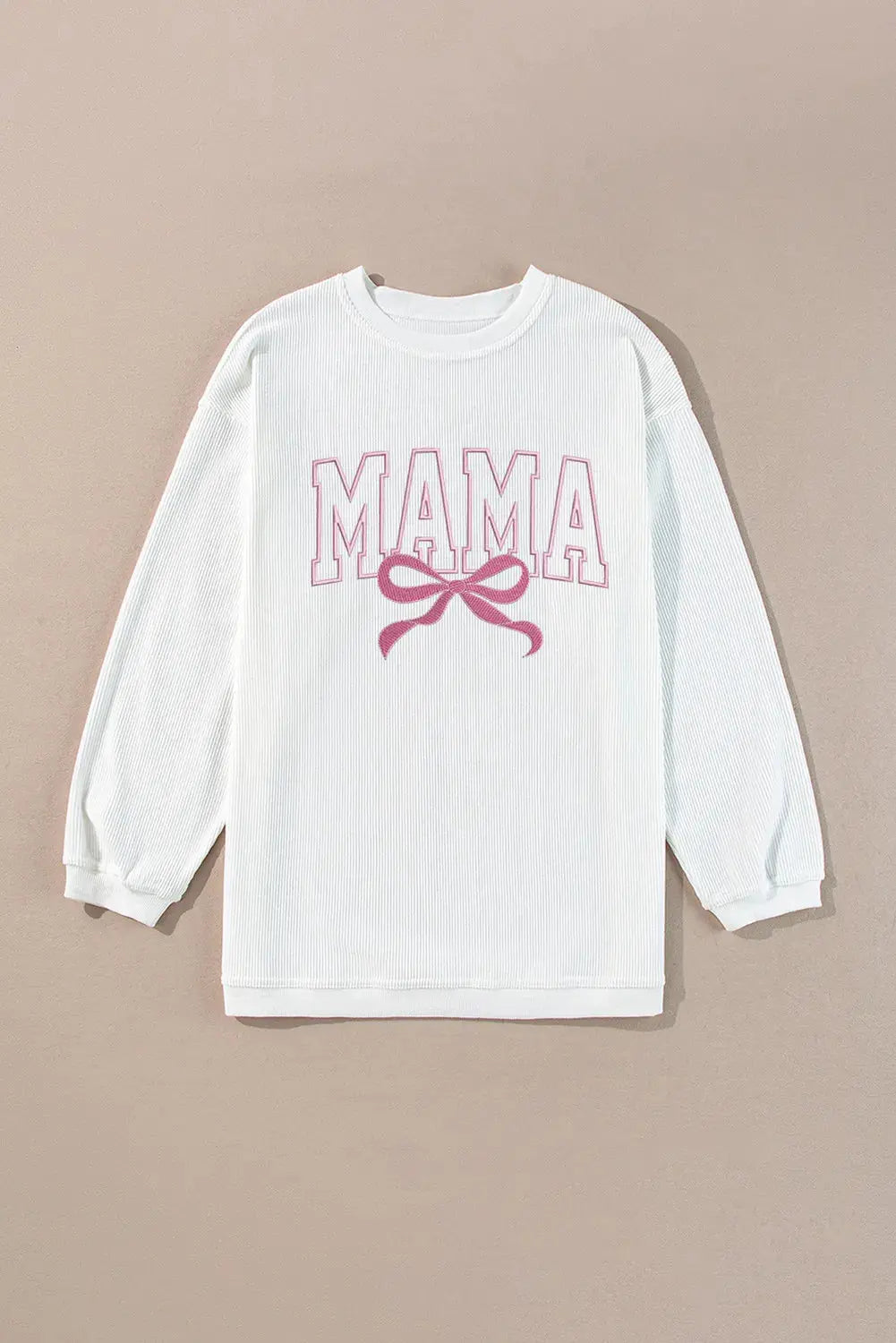 White MAMA Bowknot Embroidered Ribbed Pullover Sweatshirt Florida Girl Fashion Boutique
