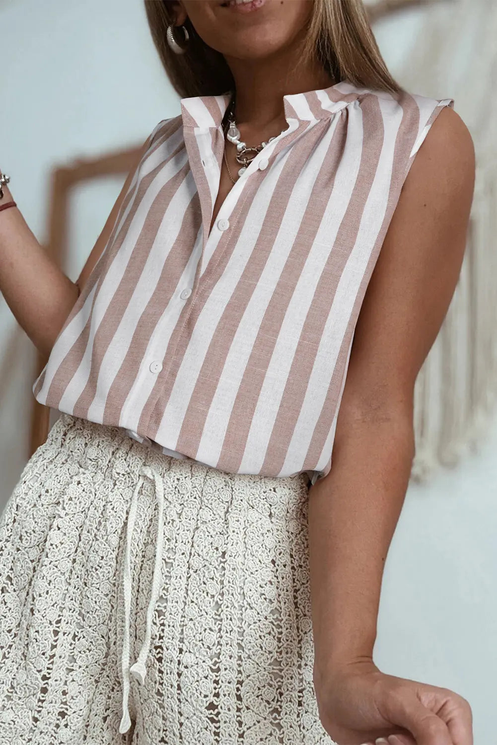 Khaki Stripe Casual Button Down Sleeveless Shirt Florida Girl Fashion Boutique