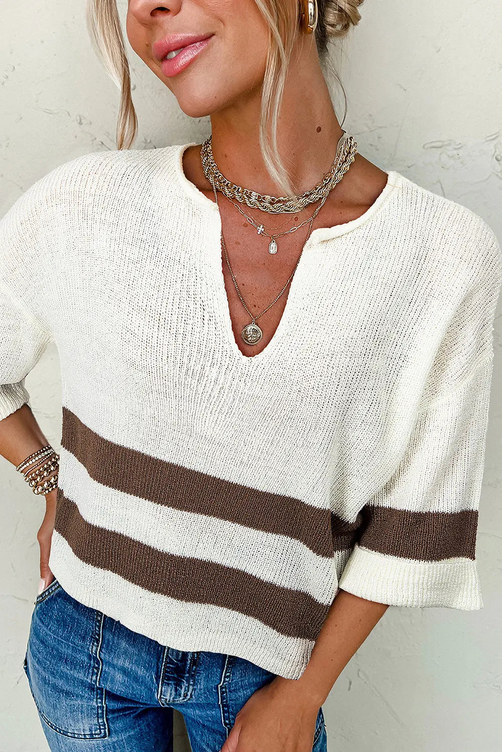 Brown Striped V Neck Cropped Sweater T Shirt Florida Girl Fashion Boutique