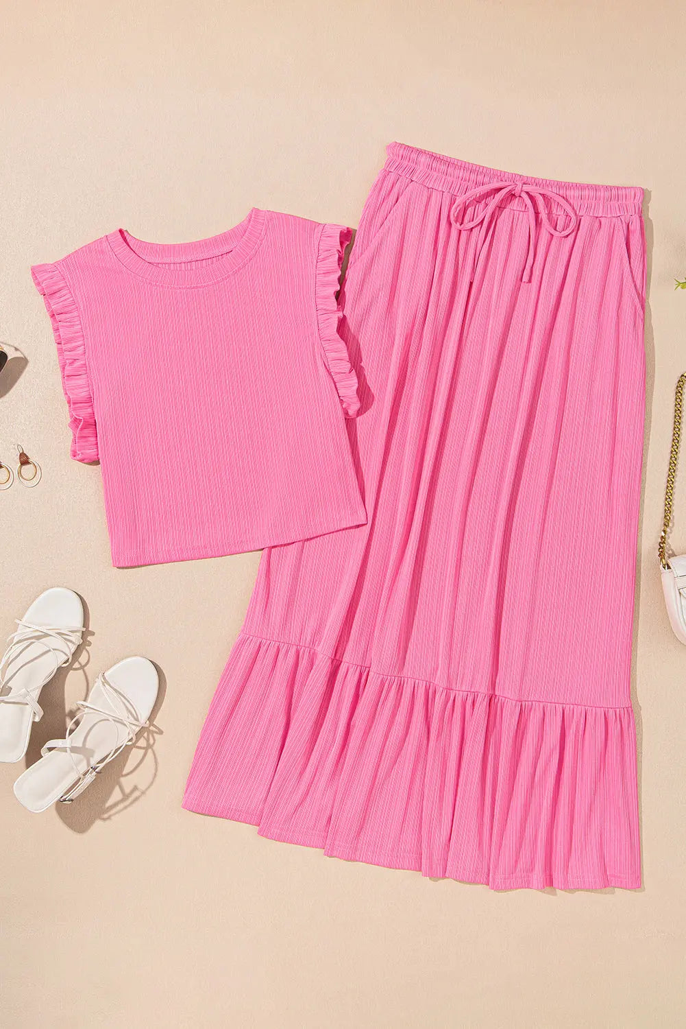 Textured Ruffle Trim Crop And Long Skirt Set Florida Girl Fashion Boutique