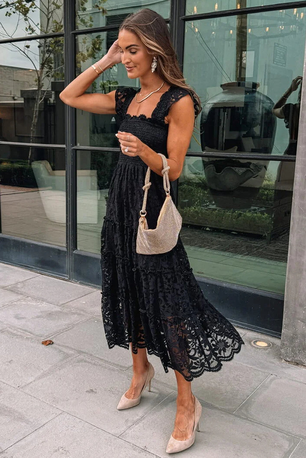 Black Smocked Lace Midi Dress