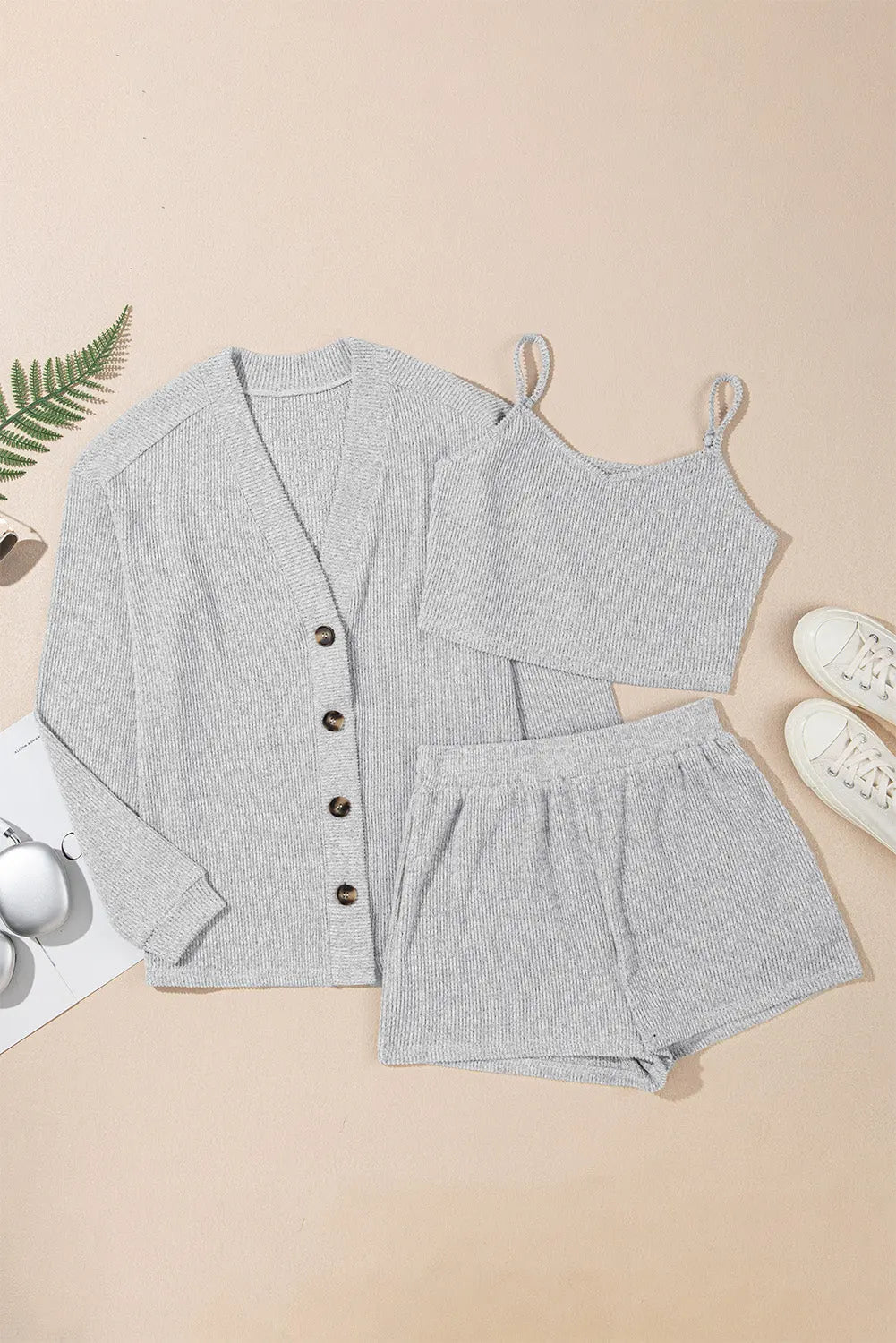 Light Grey Camisole Matching Shorts Lounge Set with Cardigan Florida Girl Fashion Boutique