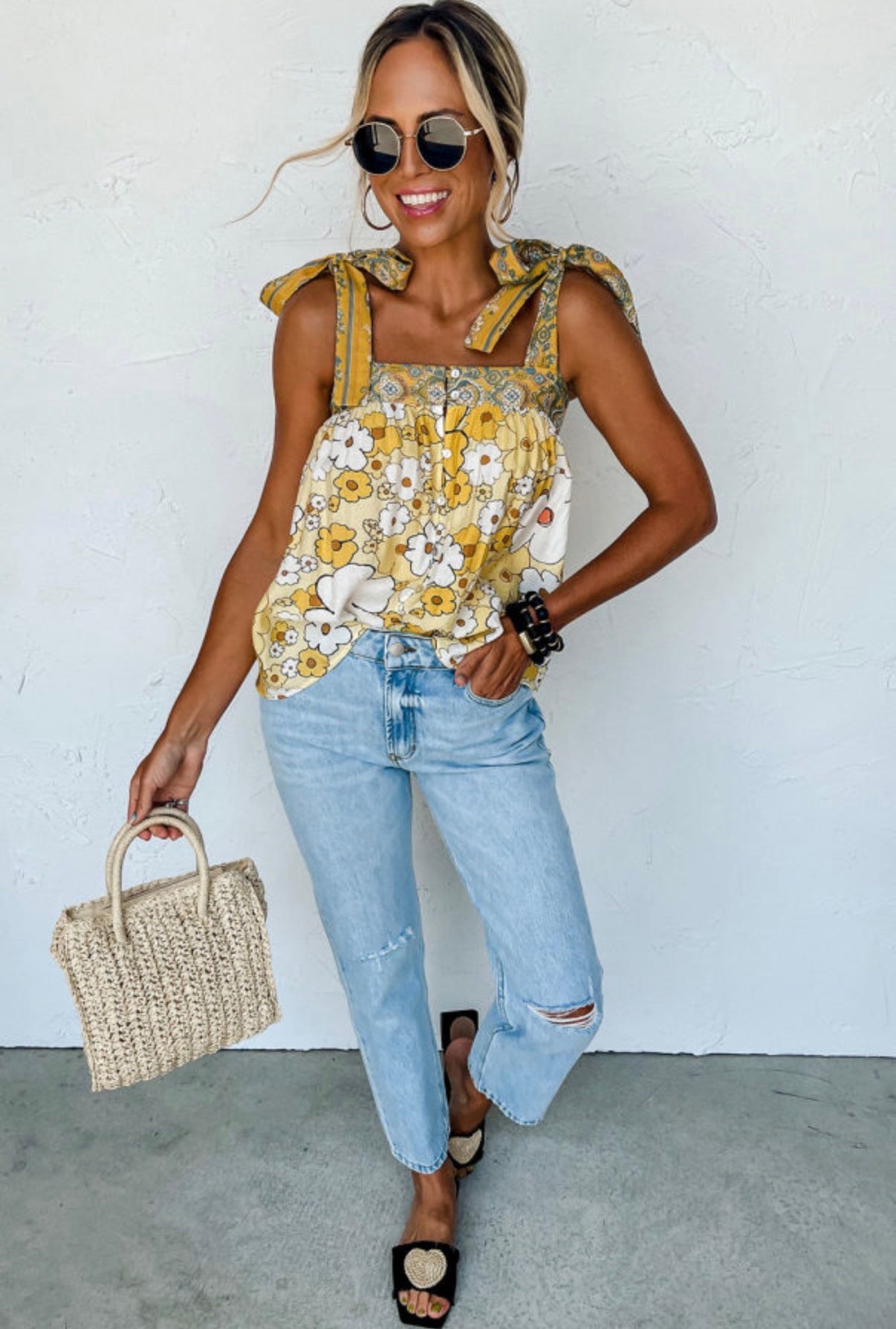 Golden Bloom Tie Strap Tank