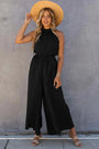 Black Halter Neck Pleated Wide Leg Jumpsuit with Belt Florida Girl Fashion Boutique