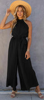 Black Halter Neck Pleated Wide Leg Jumpsuit with Belt Florida Girl Fashion Boutique
