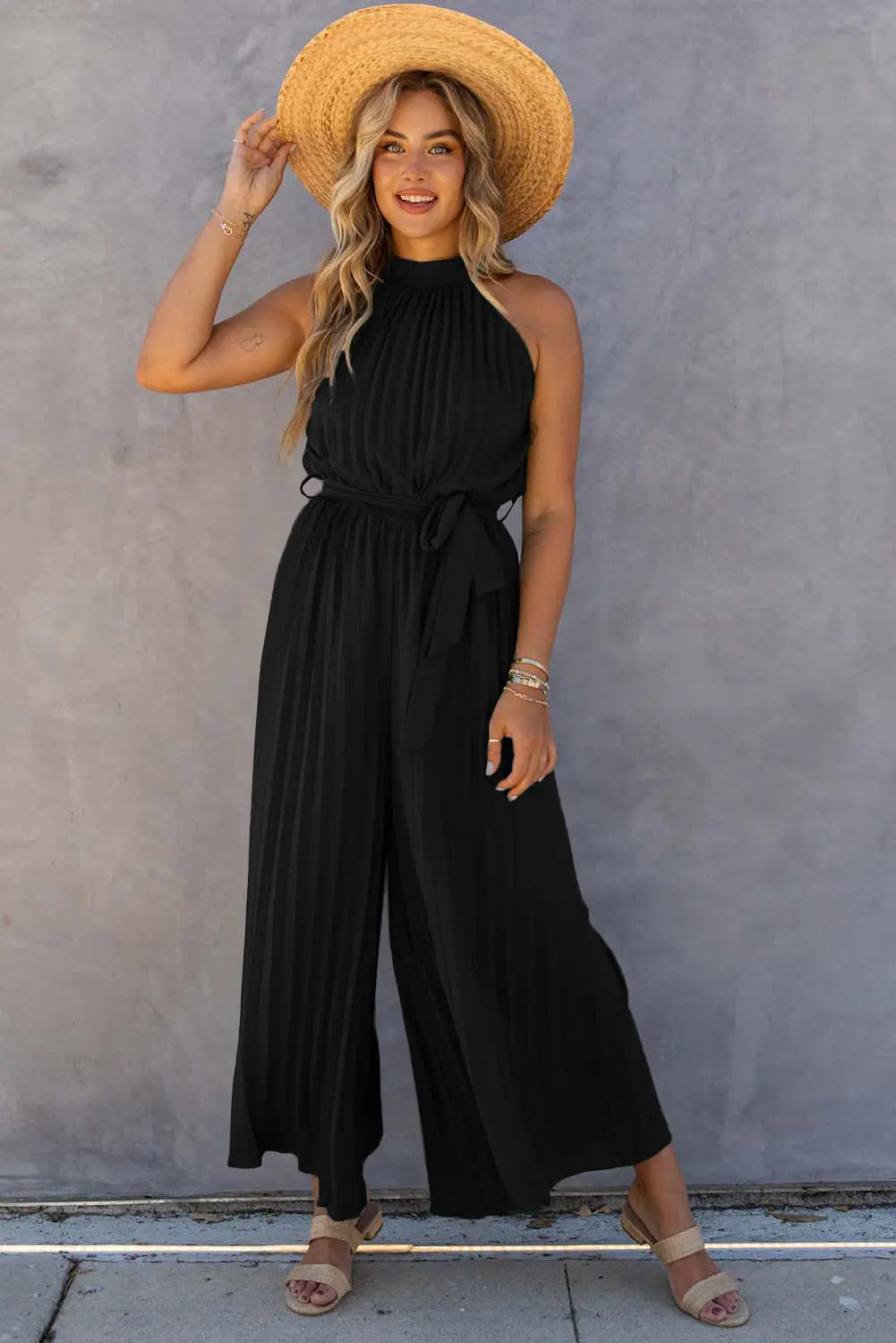 Black Halter Neck Pleated Wide Leg Jumpsuit with Belt Florida Girl Fashion Boutique