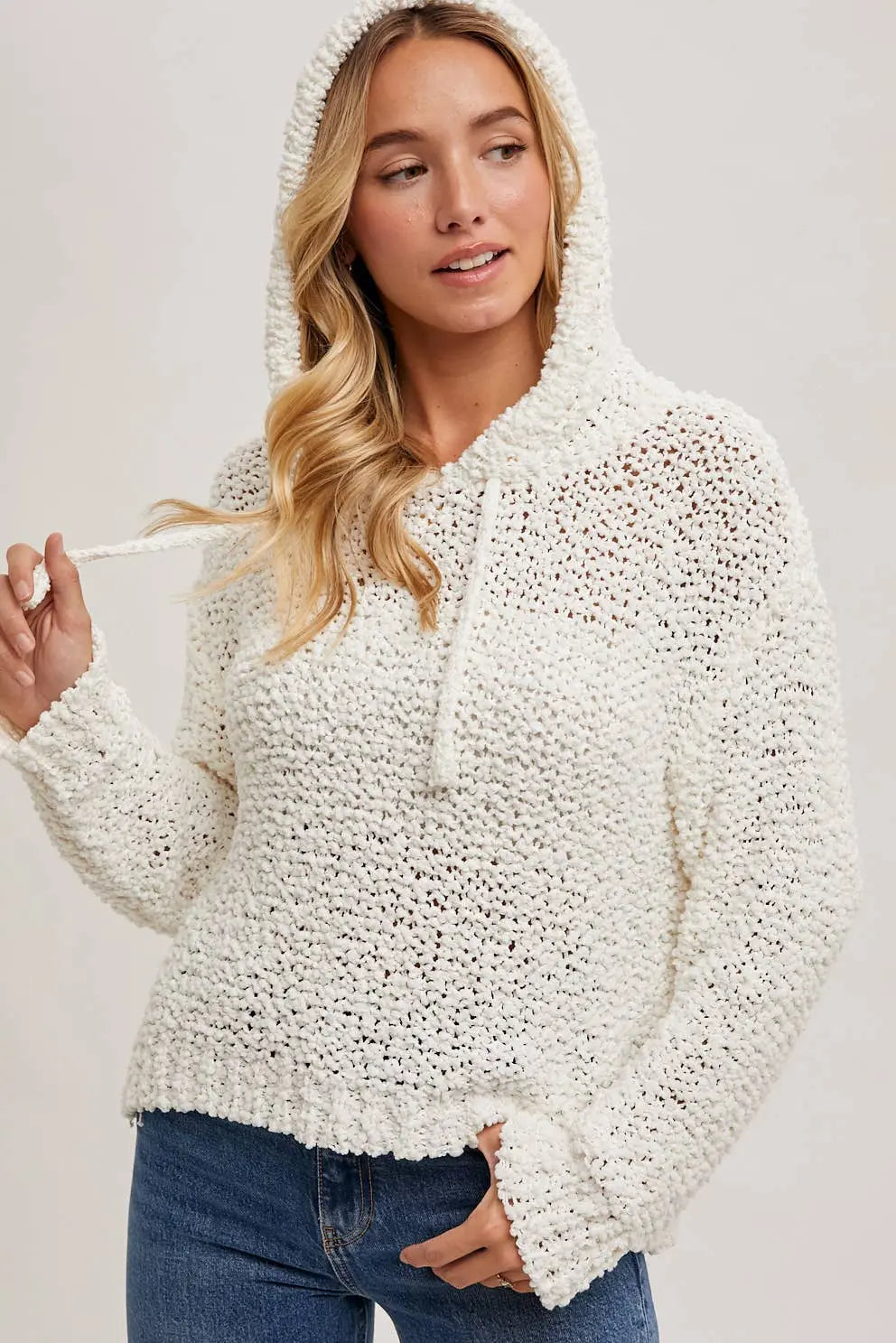 Popcorn Knit Hooded Sweater Bluivy
