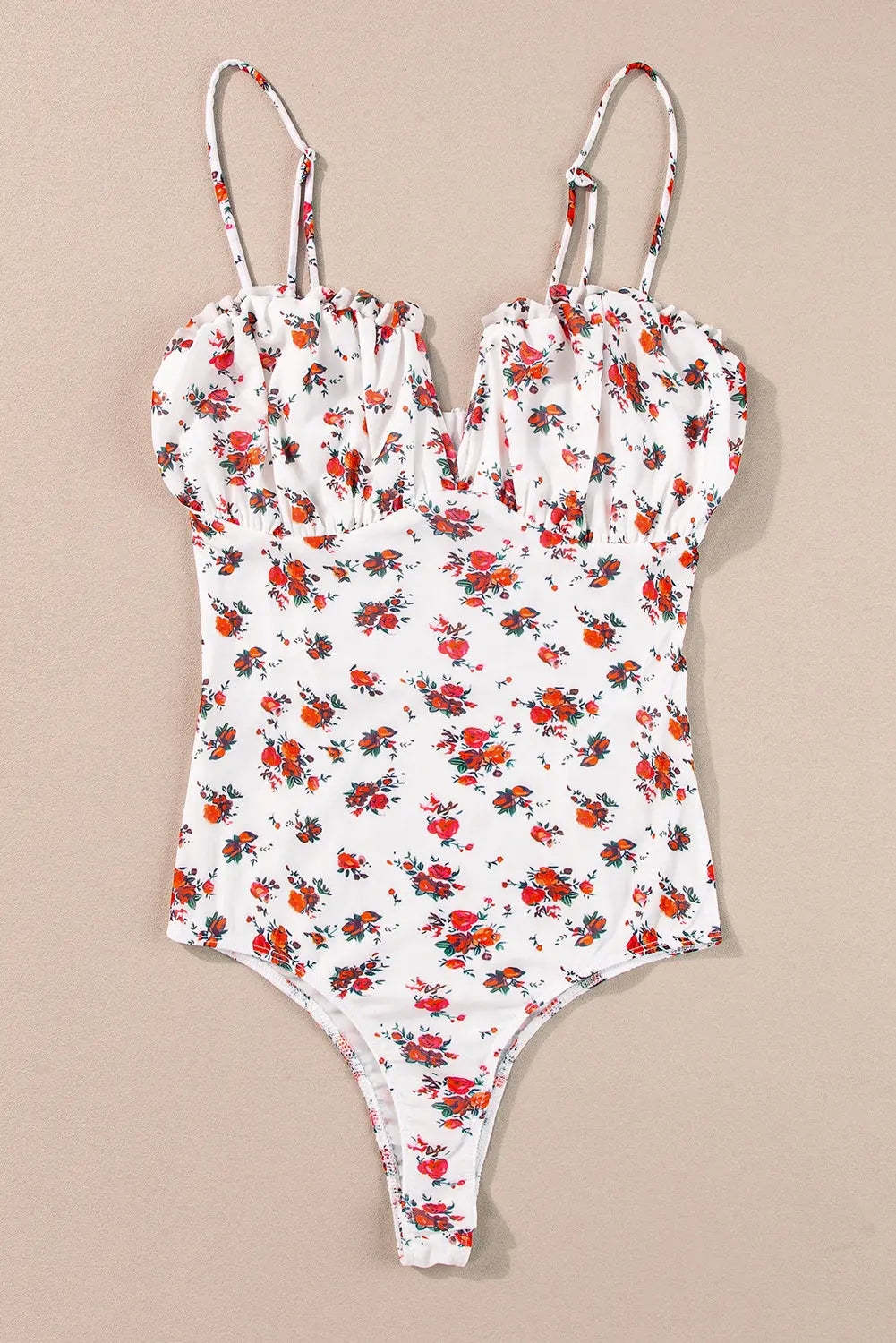 White Floral V Cut Frilled Trim Spaghetti Straps Bodysuit Florida Girl Fashion Boutique
