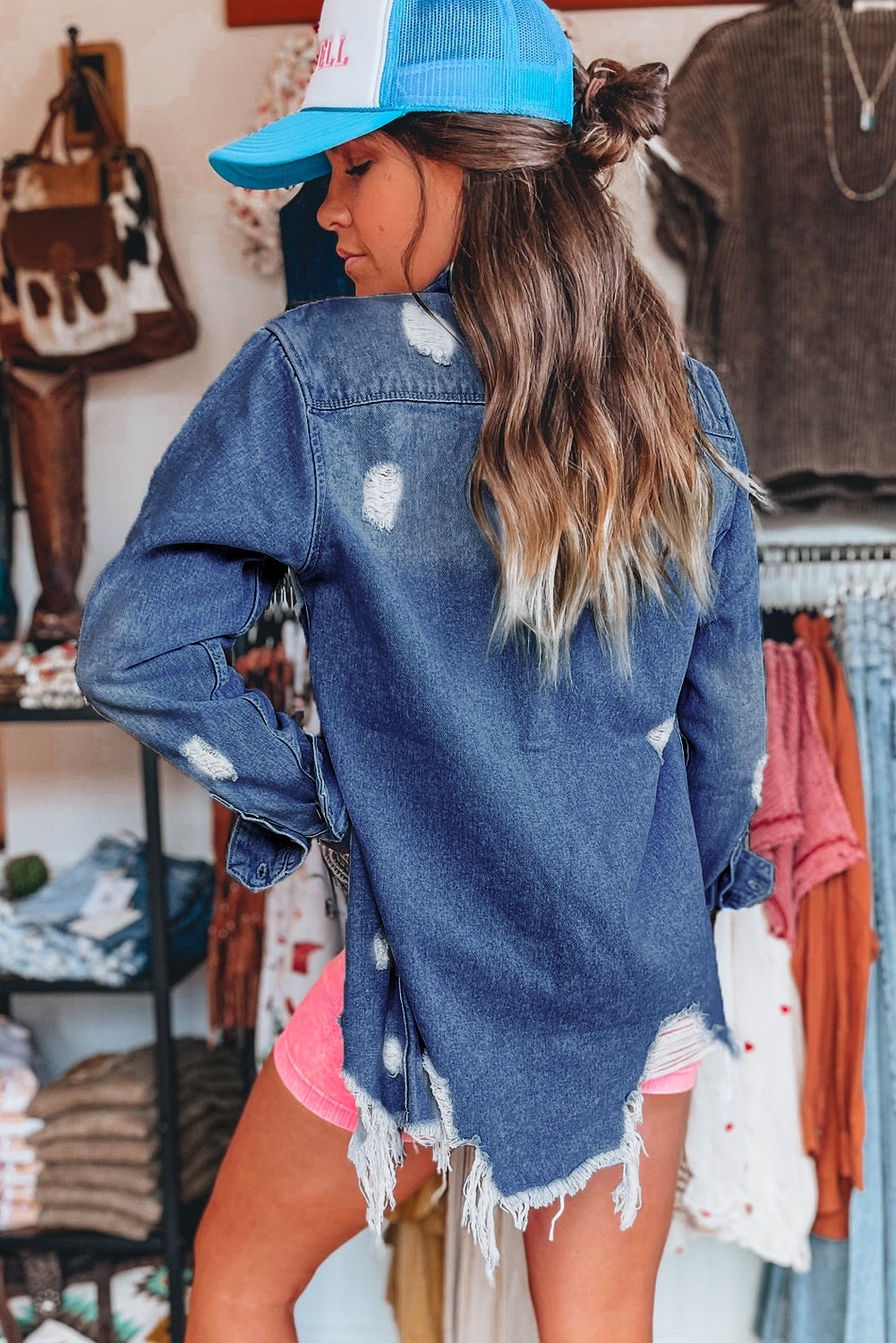Distressed Long Denim Jacket Florida Girl Fashion Boutique