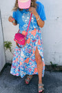 Blue Floral Printed High Waist Split Wrap Long Skirt Florida Girl Fashion Boutique