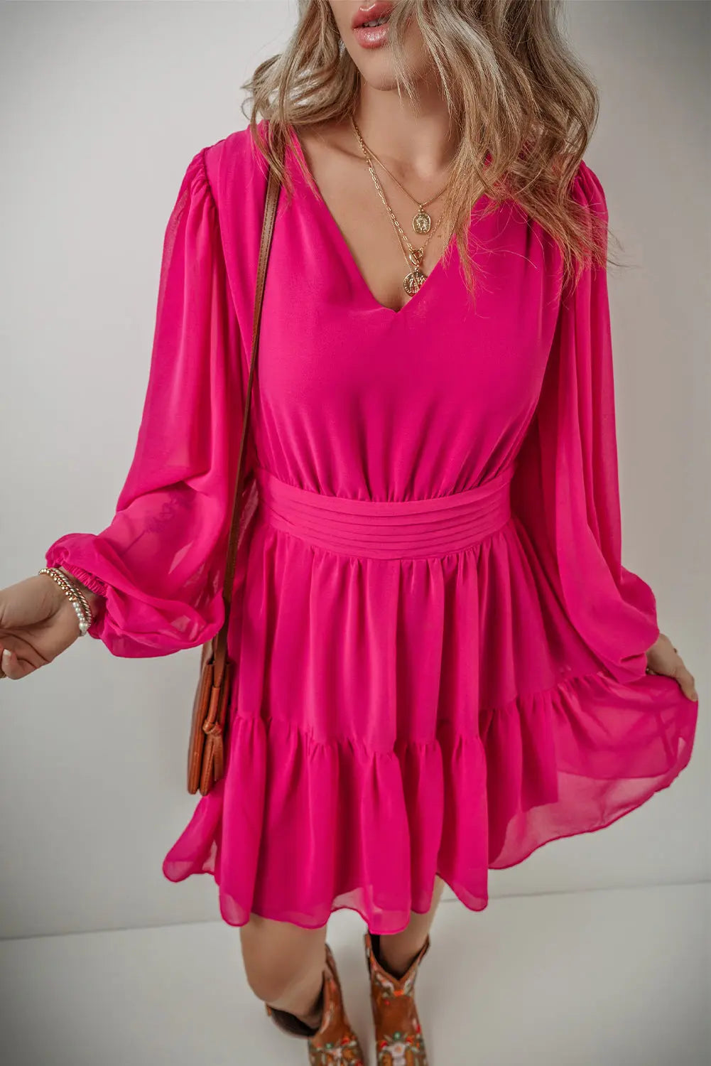Hot Pink Long Sleeve Tiered Mini Dress Florida Girl Fashion Boutique