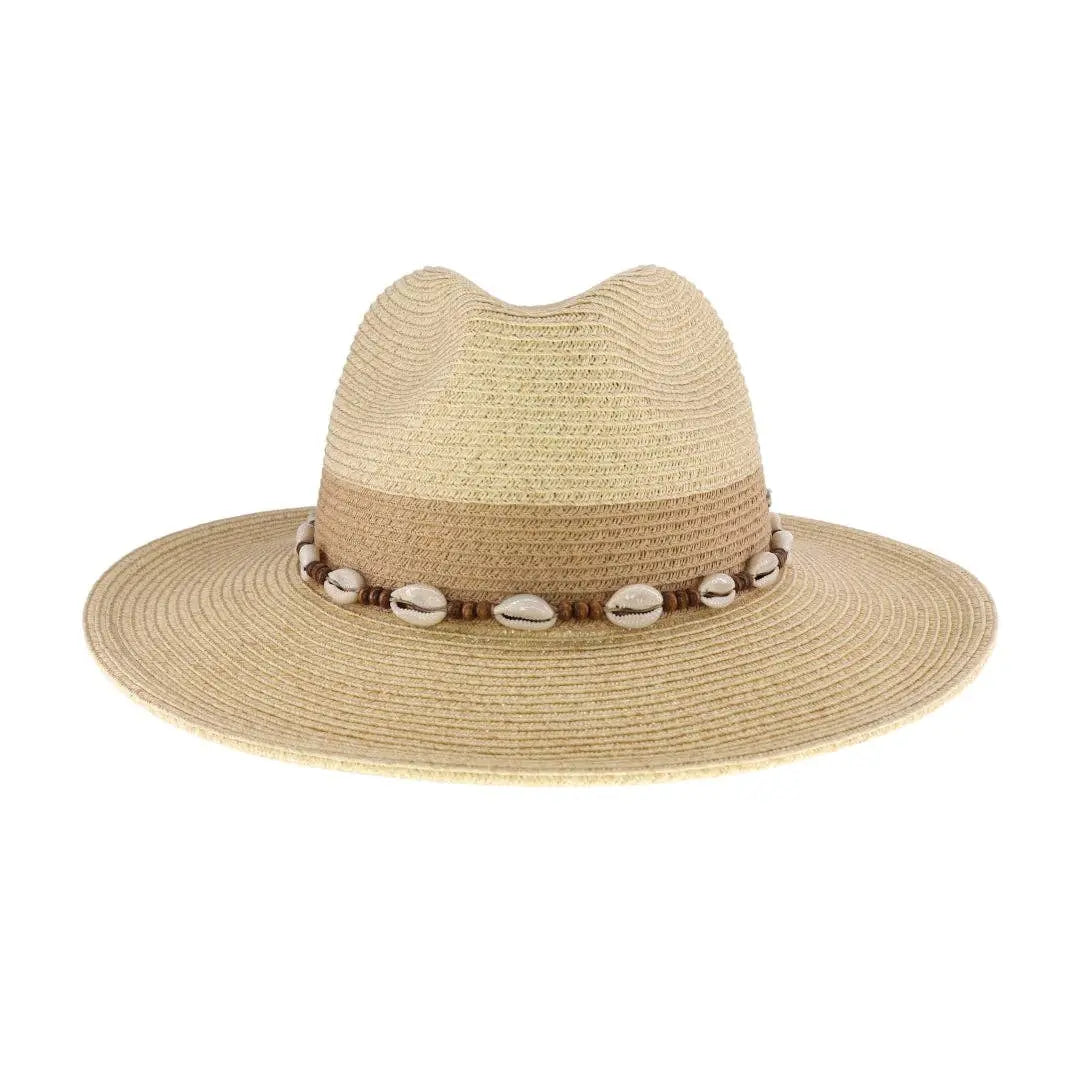 Two-Tone Shell & Wood Bead Trim Panama Hat C.C Beanie