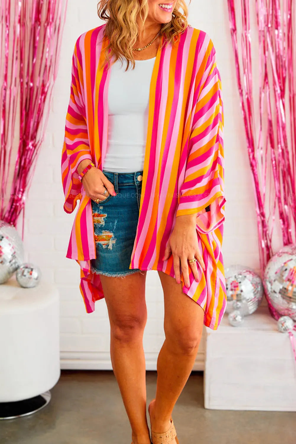 Rose Stripe Wide Sleeve Open Front Kimono Florida Girl Fashion Boutique