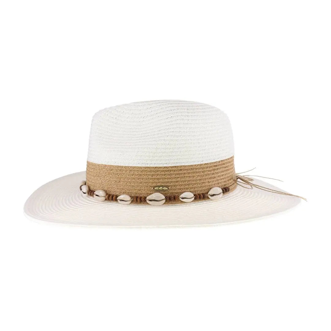 Two-Tone Shell & Wood Bead Trim Panama Hat C.C Beanie