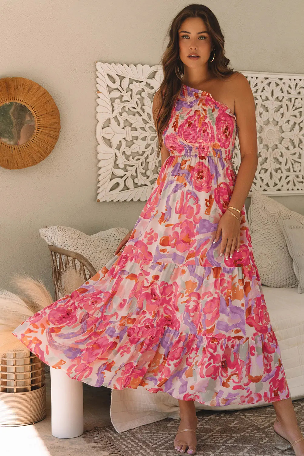 Pink Floral Print One Shoulder Maxi Dress Florida Girl Fashion Boutique