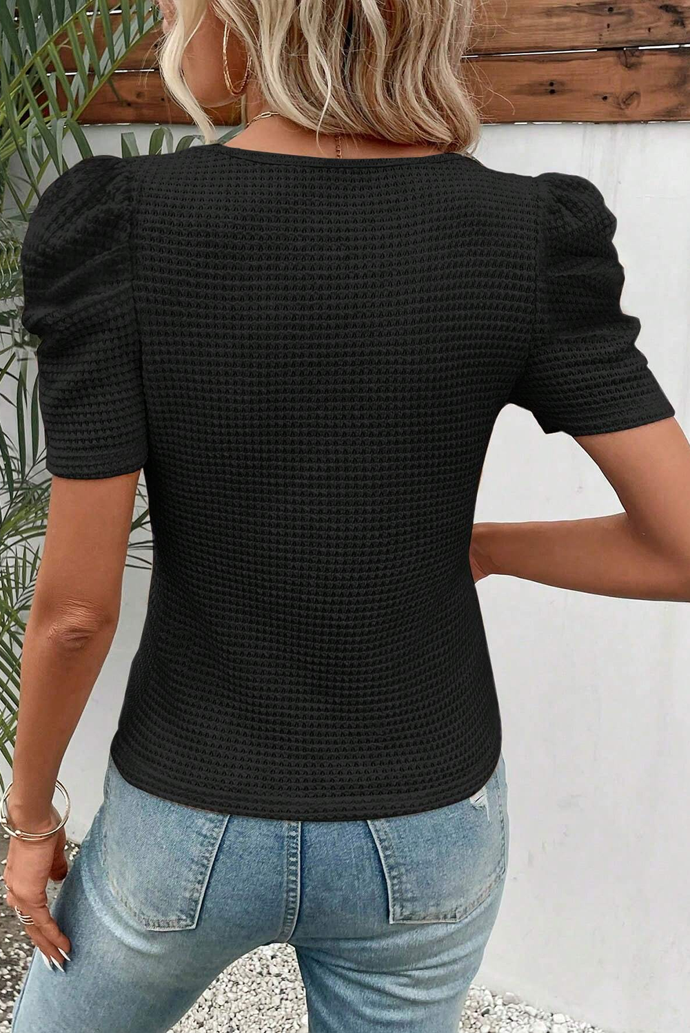 Waffle Knit Ruched Puff Sleeve Top Florida Girl Fashion Boutique