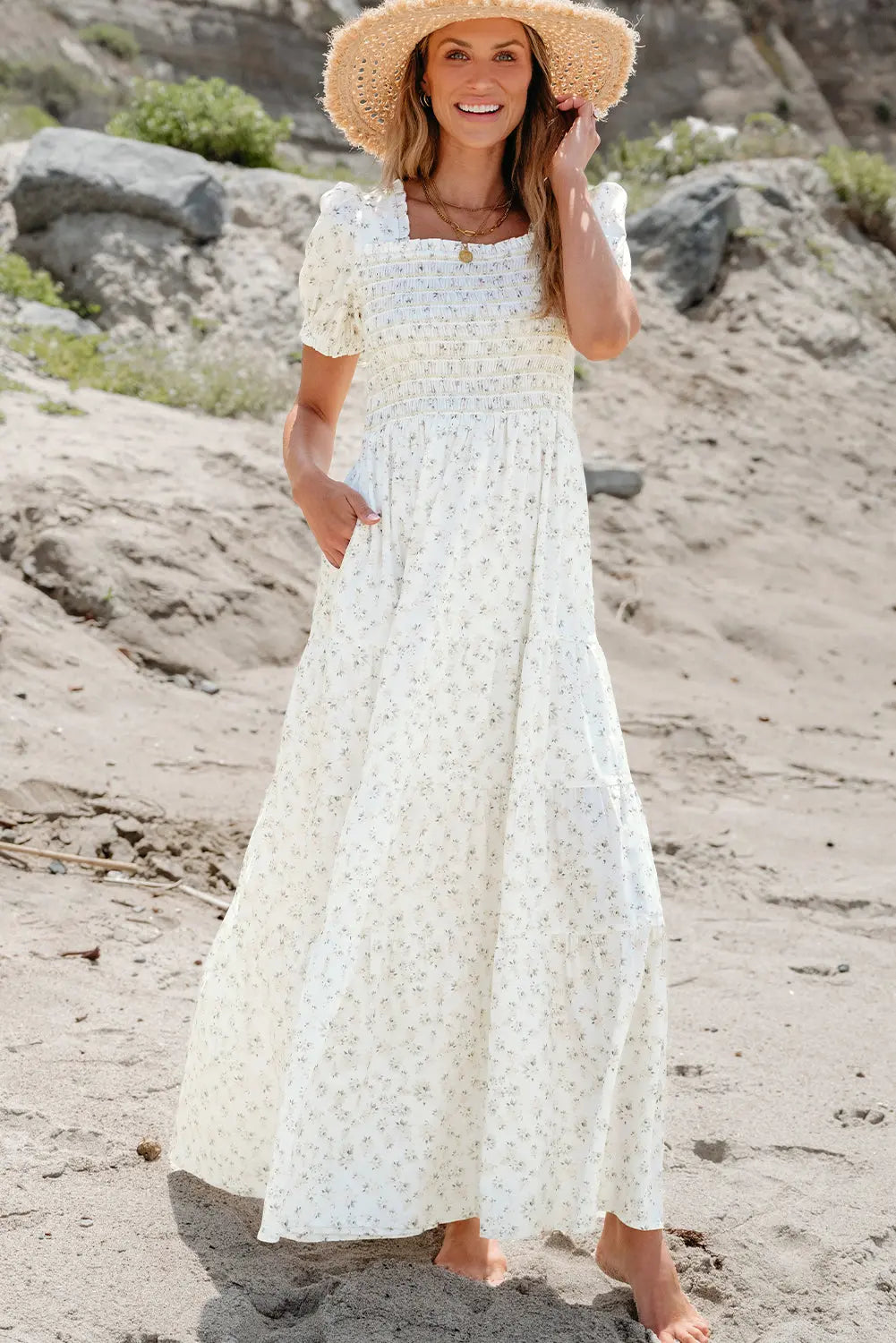 sale dress Floral Summer Maxi The flattering neckline features our signature stripe detailing and the drawstring waist can be cinched or left loose for a relaxed and breezy look SALE DRESSES Pink Desert