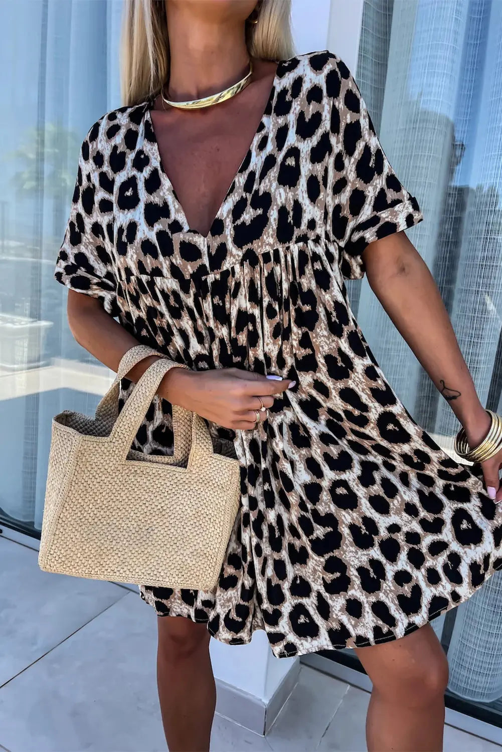Cheetah Print Backless V Neck Loose Fit Mini Dress Florida Girl Fashion Boutique