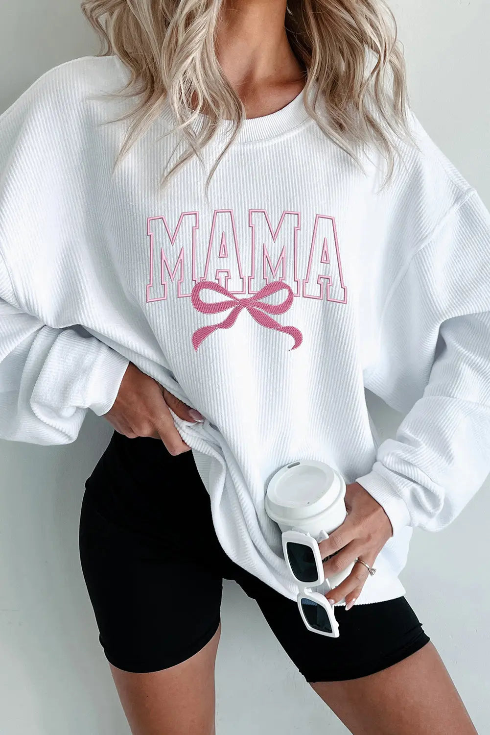White MAMA Bowknot Embroidered Ribbed Pullover Sweatshirt Florida Girl Fashion Boutique