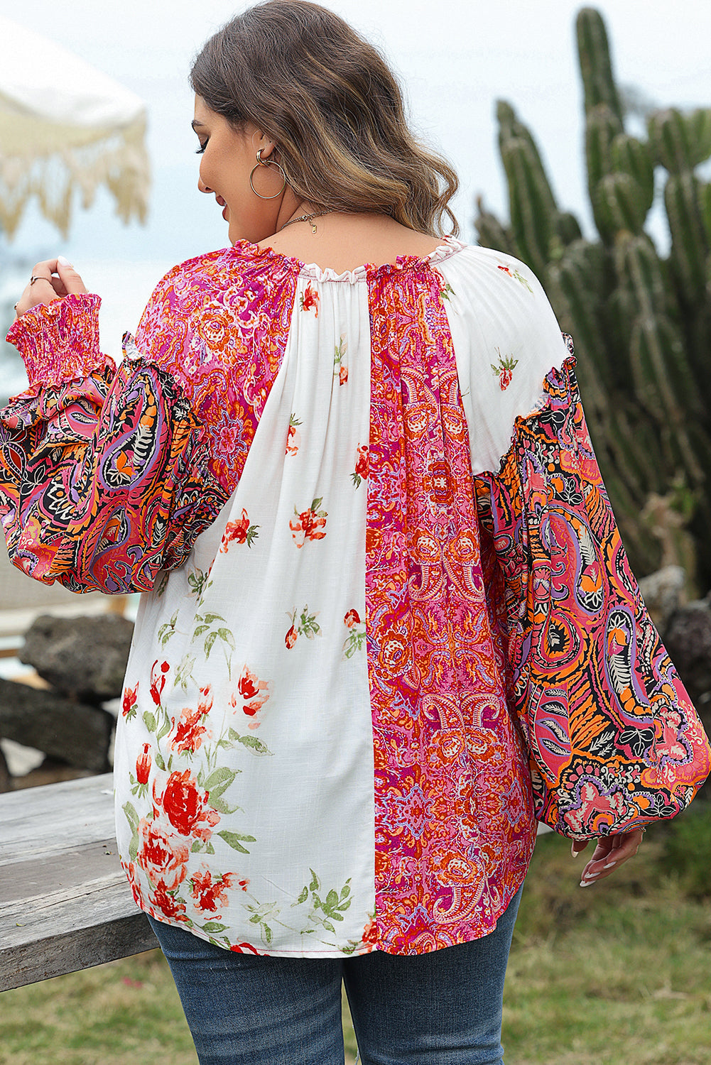 Boho Floral Patchwork Shirred Cuffs Blouse Florida Girl Fashion Boutique