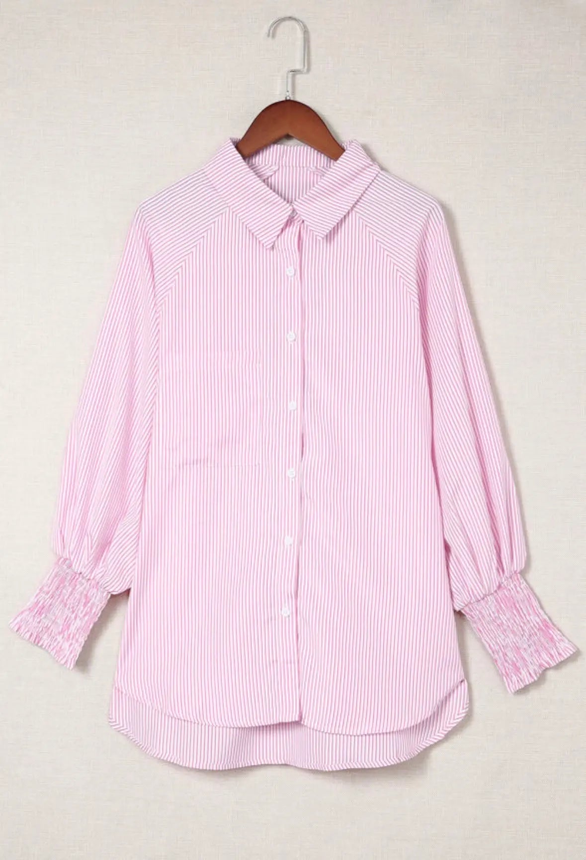 Pink Striped Ruffle Cuff Button-Down Blouse Florida Girl Fashion Boutique