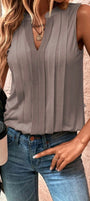 Taupe Pleated Sleeveless Blouse