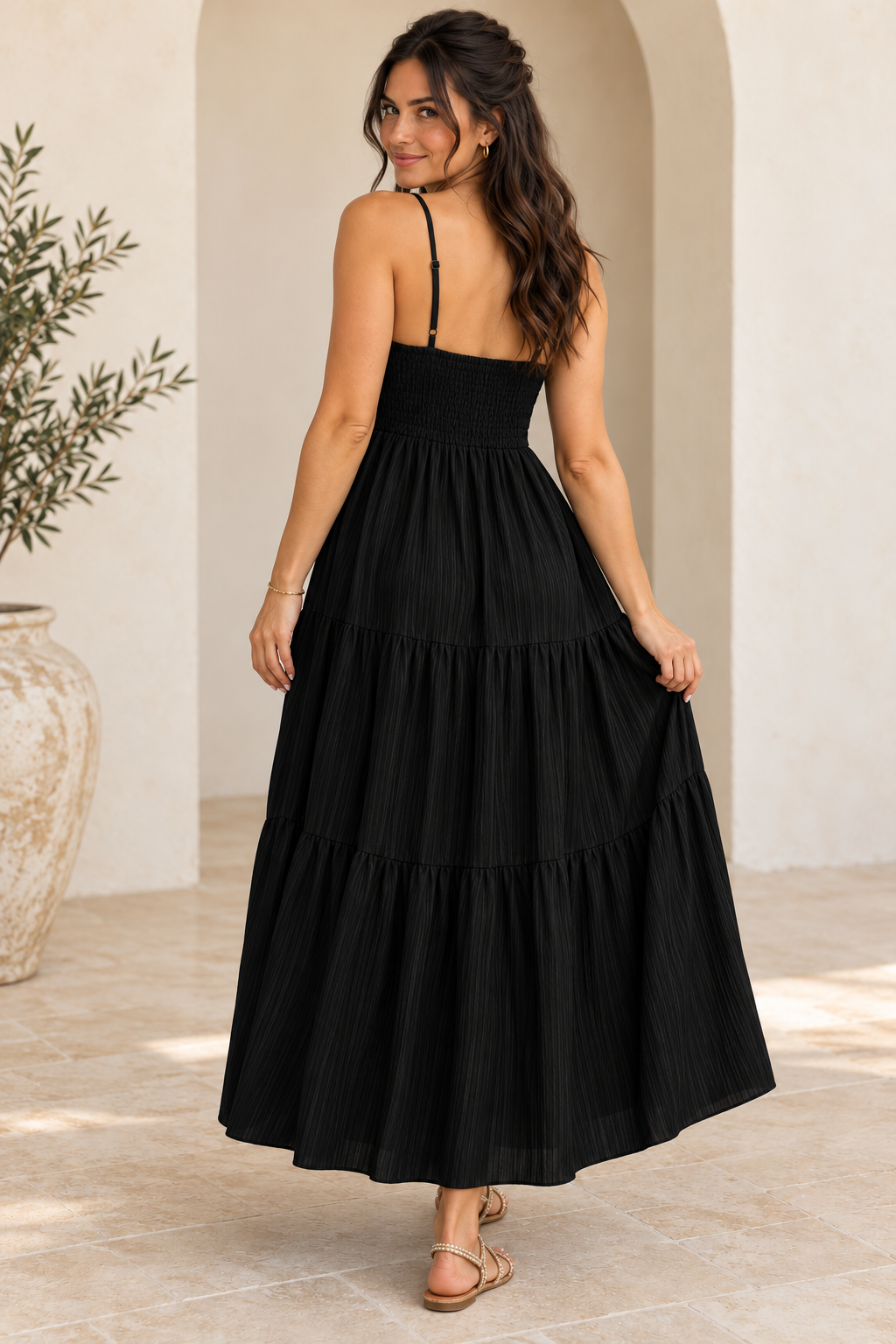 Black Smocked Pleated Tiered Maxi Dress