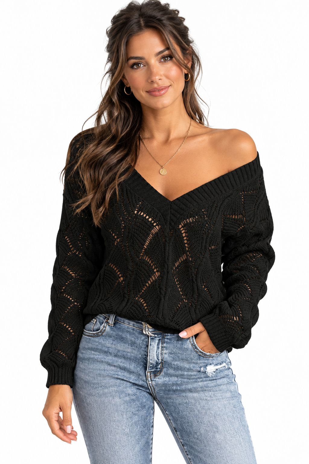 Hollow Knit V Neck Sweater