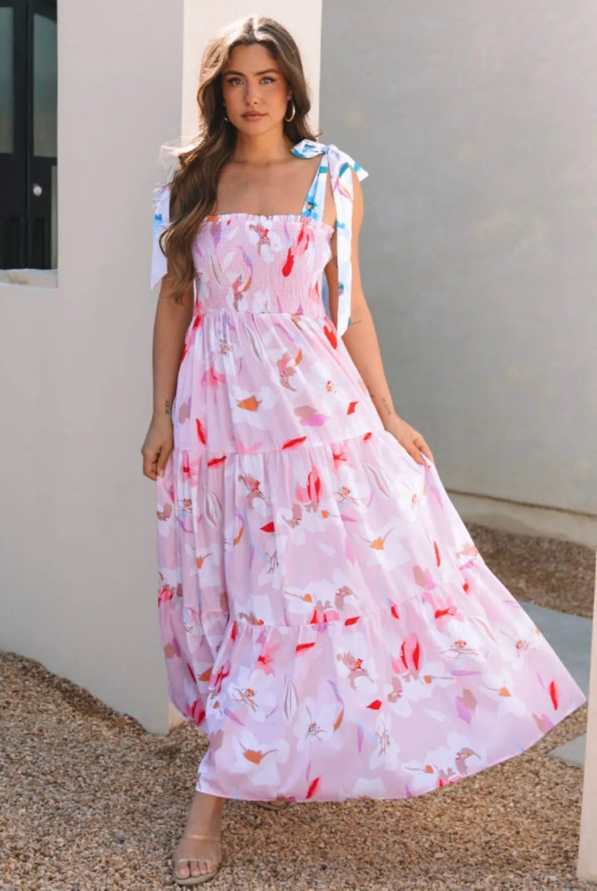Pink Smocked Knot Shoulder Maxi Florida Girl Fashion Boutique