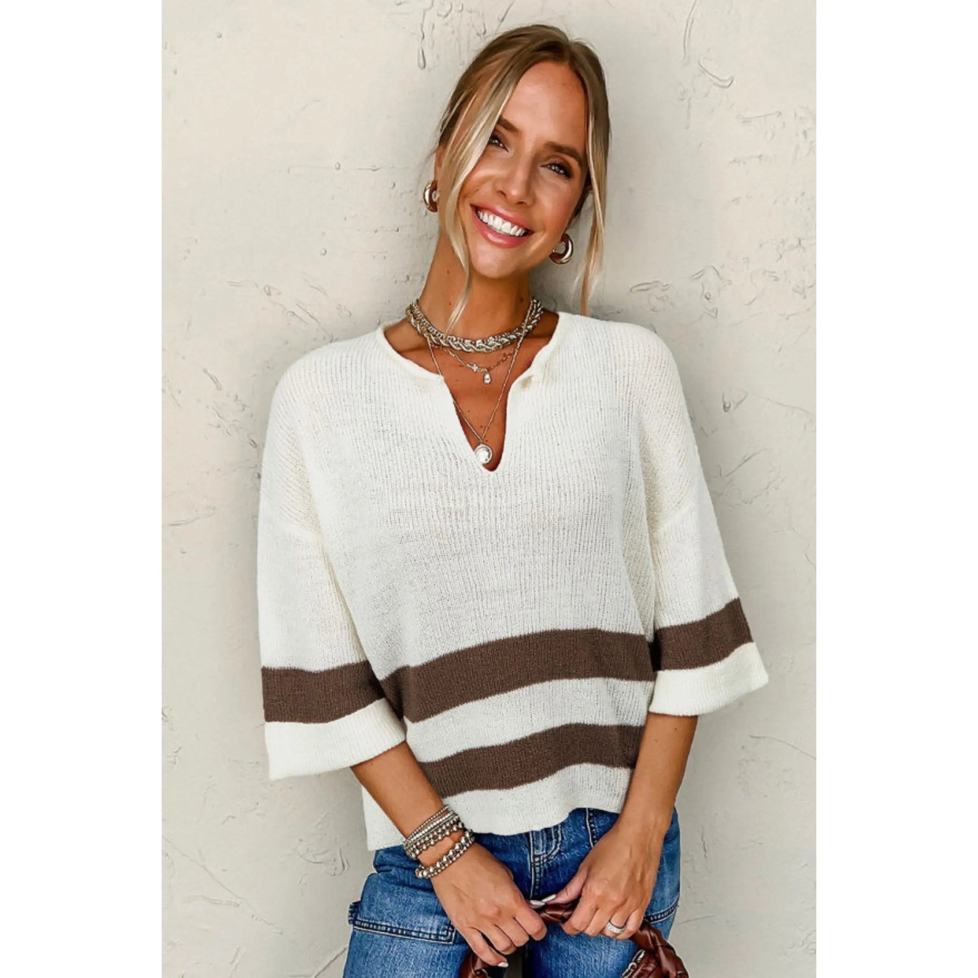 Brown Striped V Neck Cropped Sweater T Shirt Florida Girl Fashion Boutique