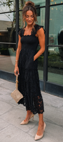 Black Smocked Lace Midi Dress