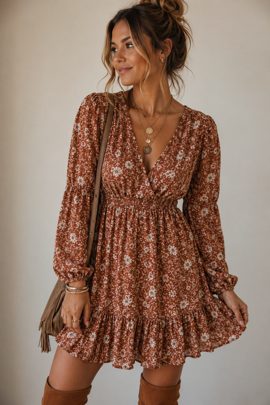 Rust Floral Ruffle Mini Dress