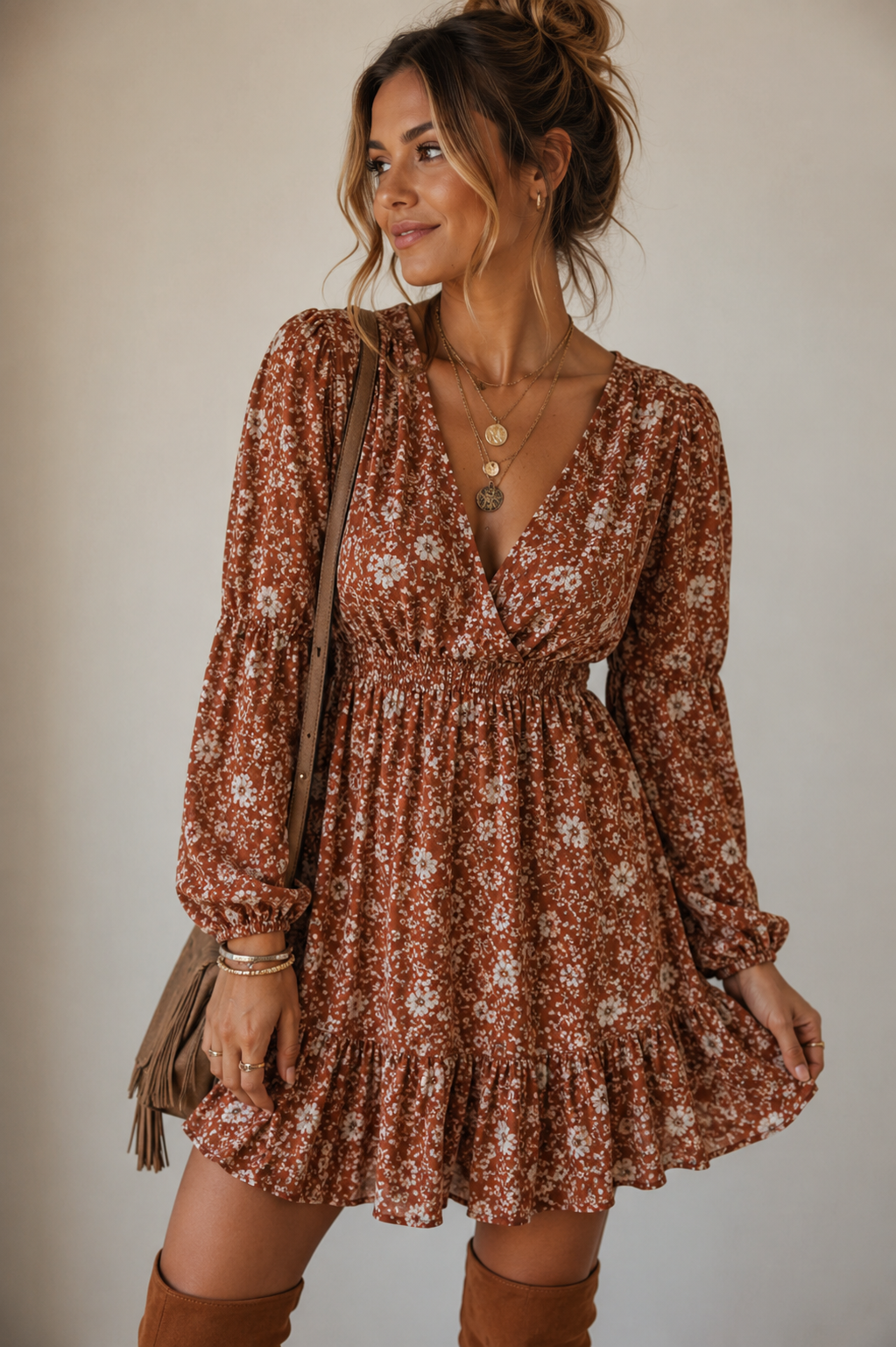 Rust Floral Ruffle Mini Dress