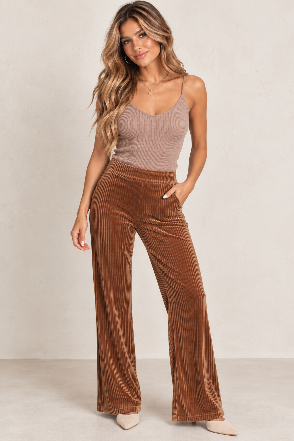 Brown Ribbed Velvet Flare Pants
