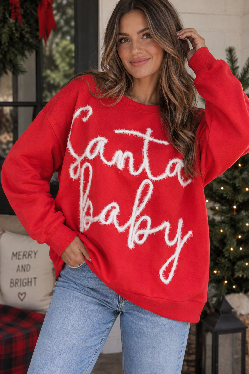 "Santa Baby" Tinsel Graphic Sweater