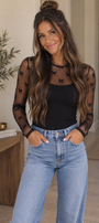 Black Bow Pattern Mesh Long Sleeve Top
