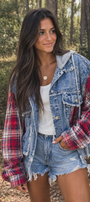 Plaid & Denim Distressed Hooded Jacket