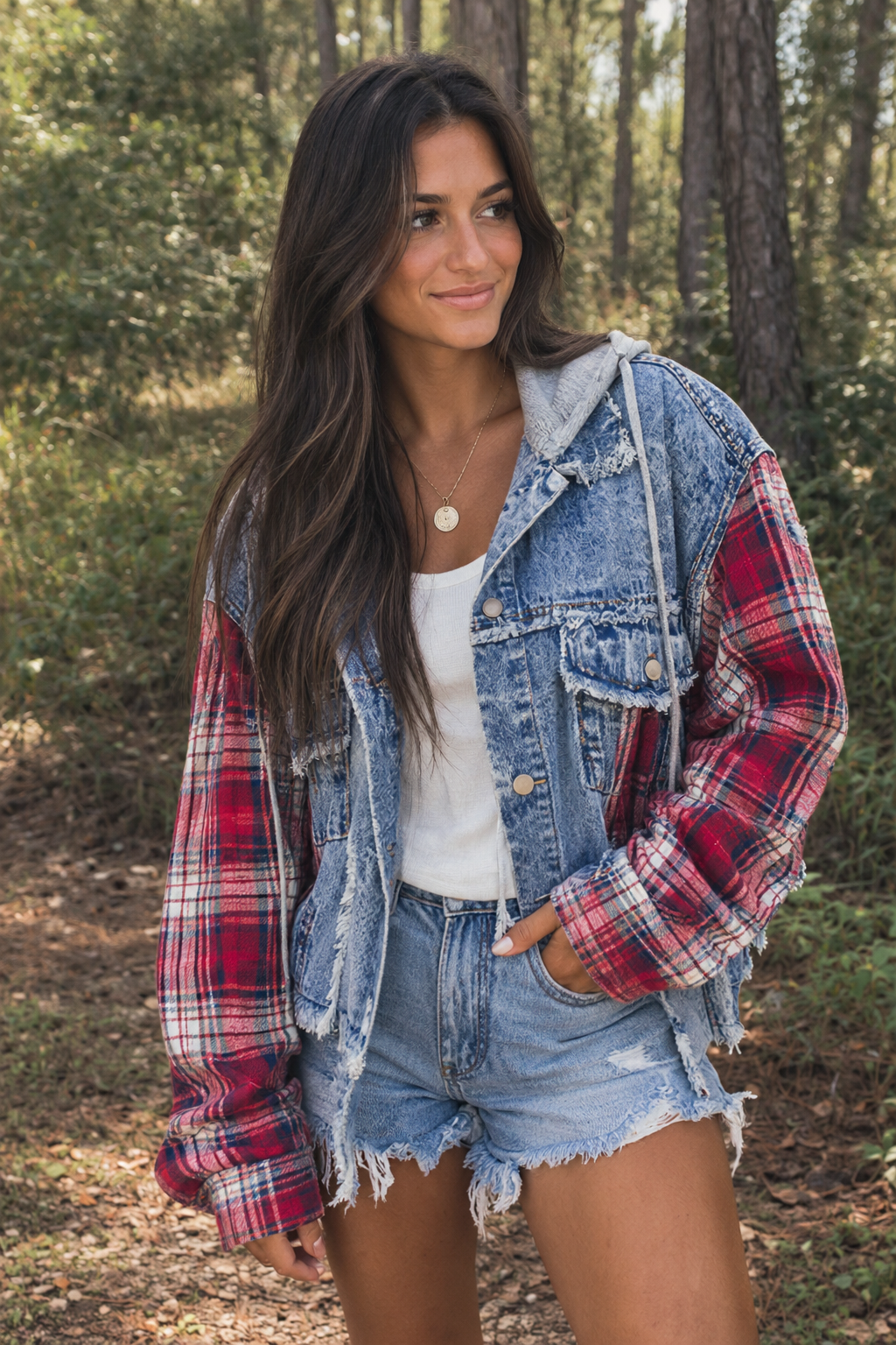 Plaid & Denim Distressed Hooded Jacket
