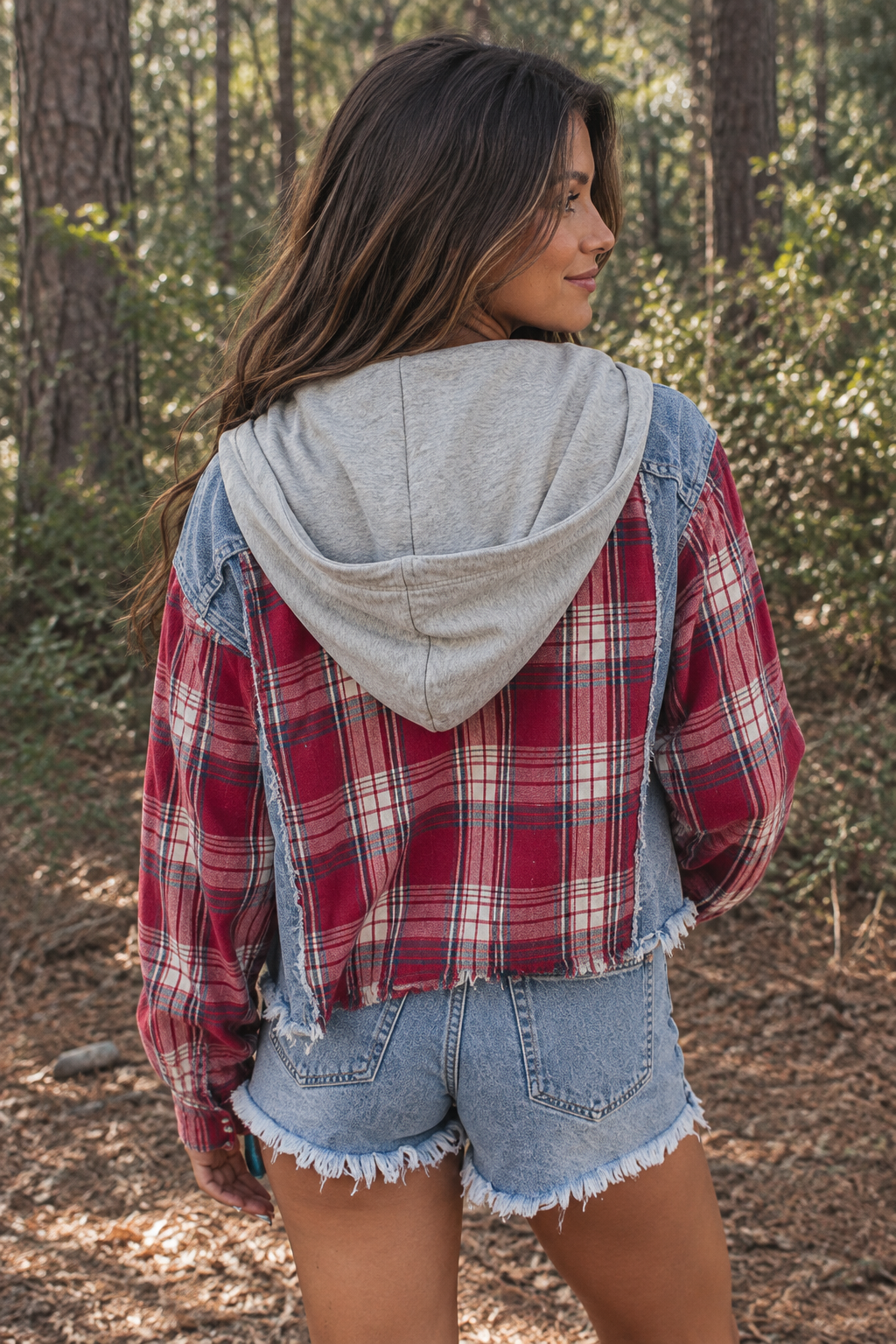 Plaid & Denim Distressed Hooded Jacket