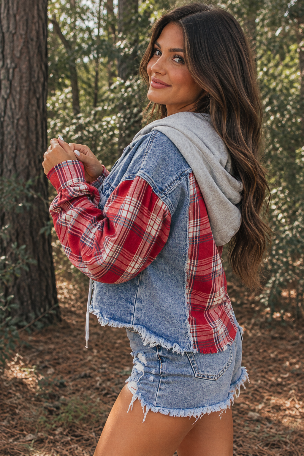 Plaid & Denim Distressed Hooded Jacket