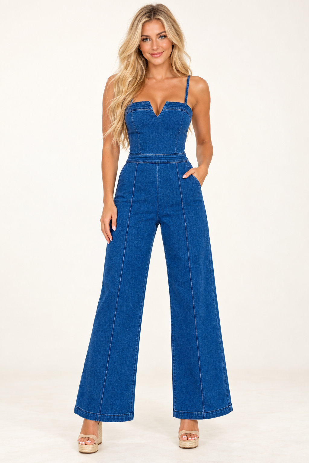 V Notch Denim Jumpsuit