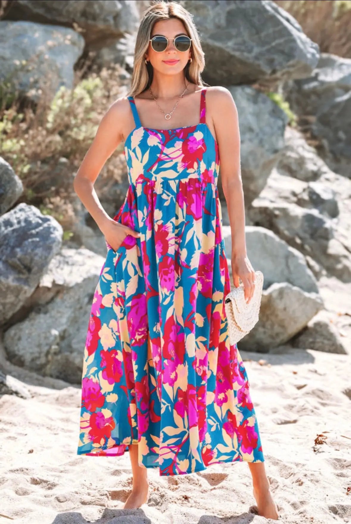 Blue Floral High Waist Dress Florida Girl Fashion Boutique