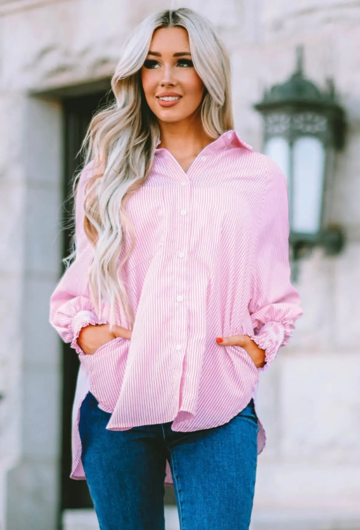 Pink Striped Ruffle Cuff Button-Down Blouse Florida Girl Fashion Boutique