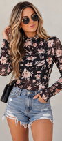 Floral Mesh Mock Neck Top