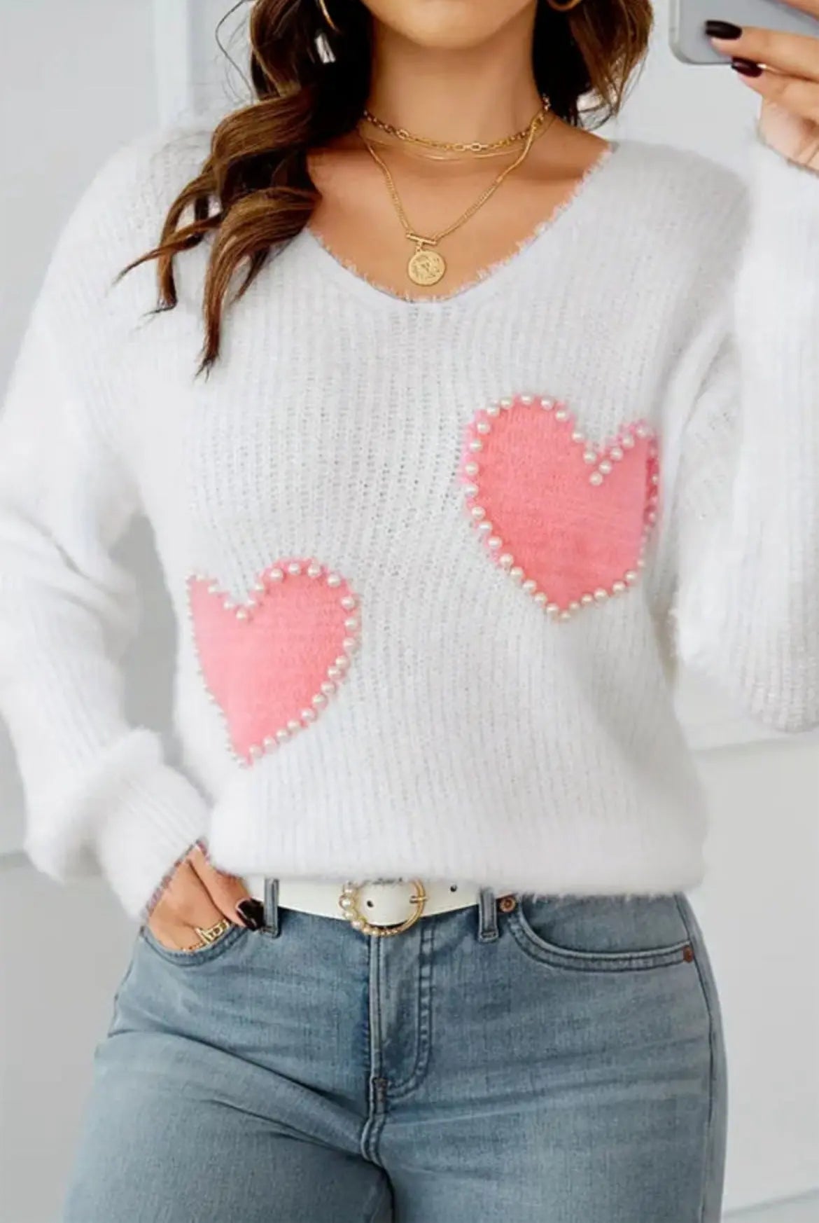 Pearl Trim Heart Sweater Florida Girl Fashion Boutique