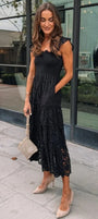 Black Smocked Lace Midi Dress