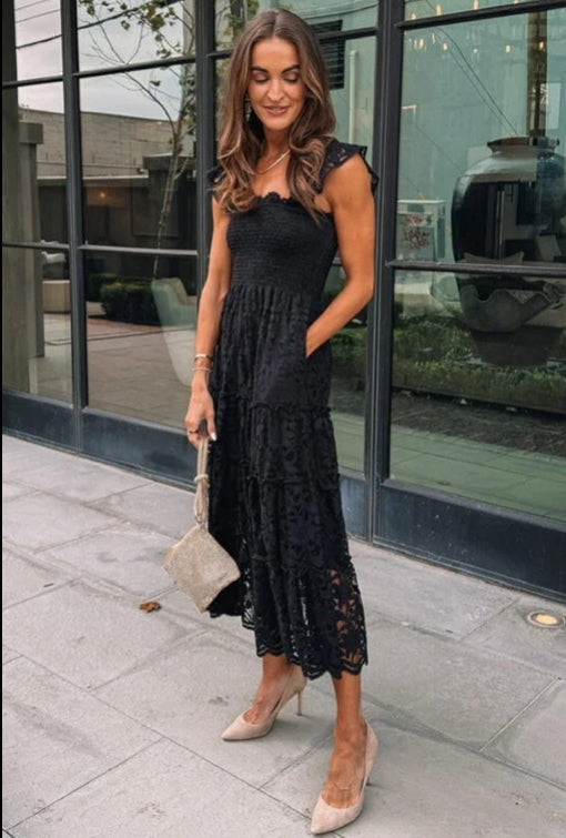 Black Smocked Lace Midi Dress