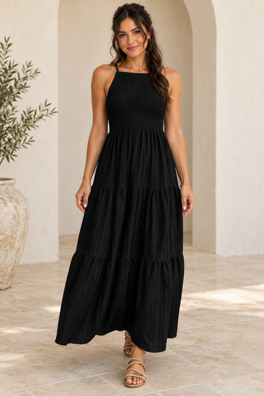 Black Smocked Pleated Tiered Maxi Dress